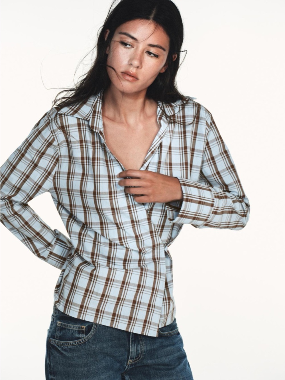Zara Light Blue and Brown Plaid Button-Down Shirt